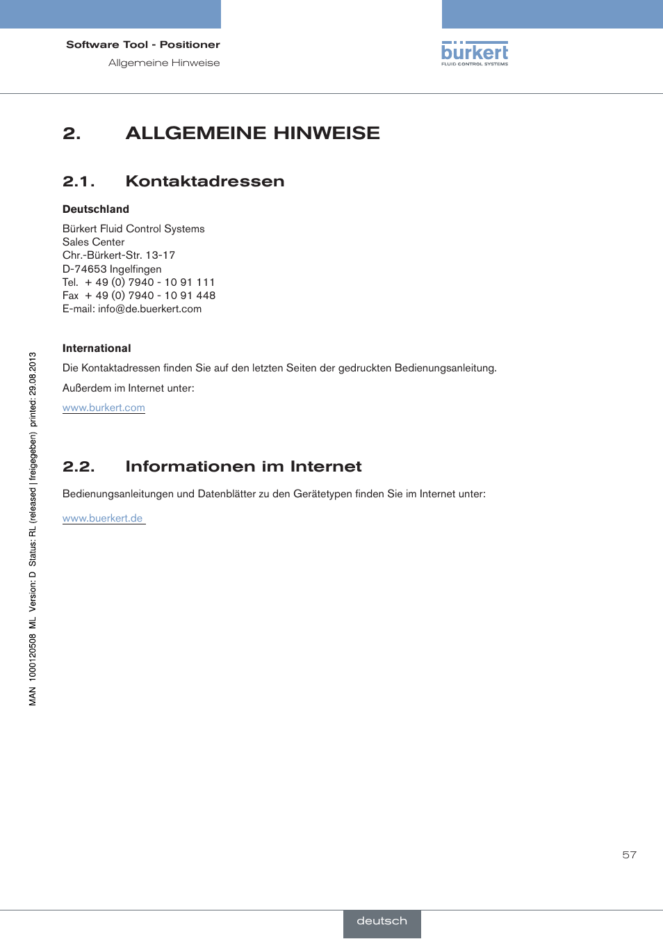 Allgemeine hinweise, Kontaktadressen, Informationen im internet | Burkert Type 8791 User Manual | Page 57 / 154