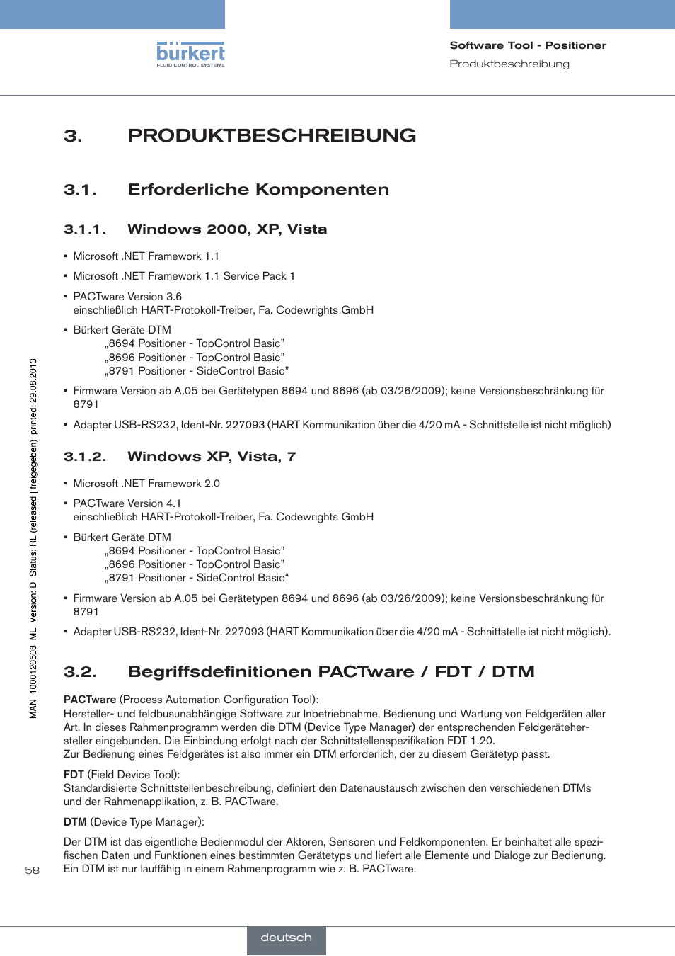 Produktbeschreibung, Erforderliche komponenten, Windows 2000, xp, vista | Windows xp, vista, 7, Begriffsdefinitionen pactware / fdt / dtm | Burkert Type 8791 User Manual | Page 58 / 154