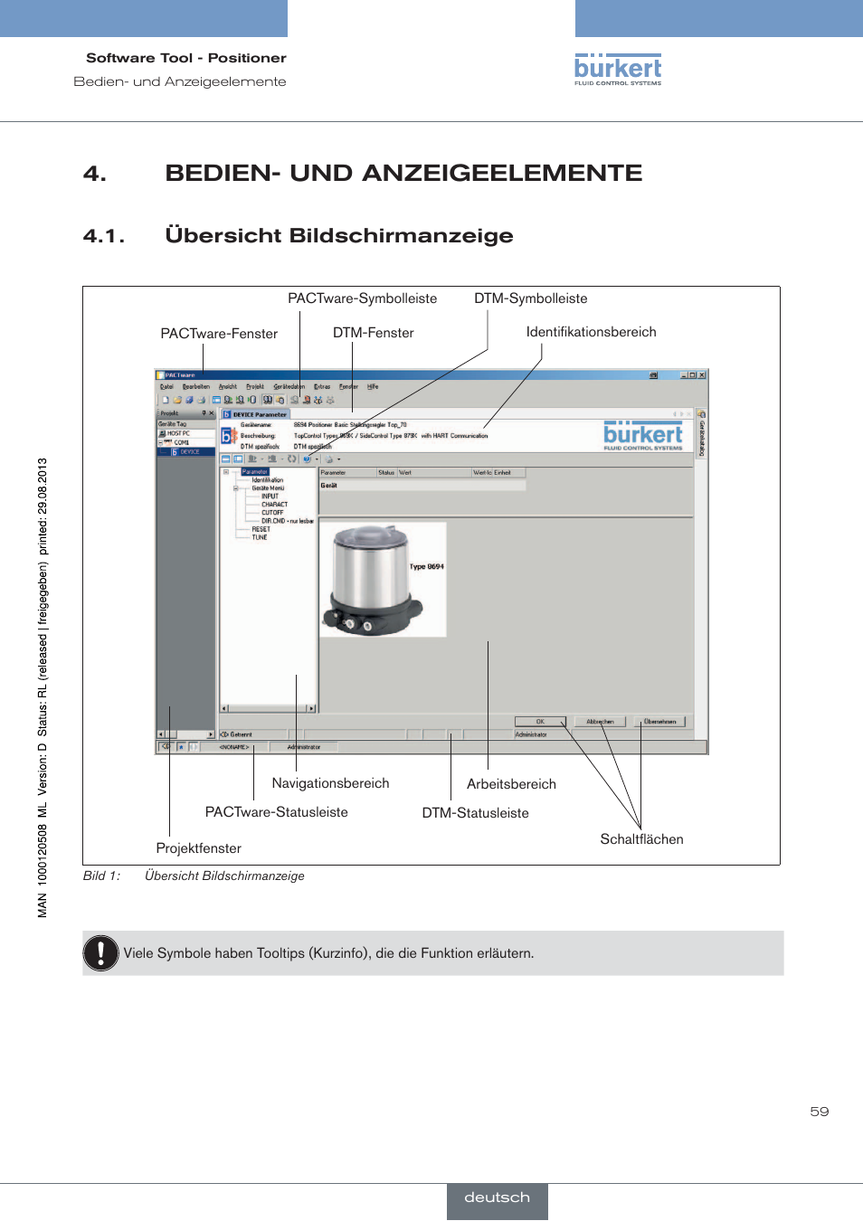 Bedien- und anzeigeelemente, Übersicht bildschirmanzeige | Burkert Type 8791 User Manual | Page 59 / 154