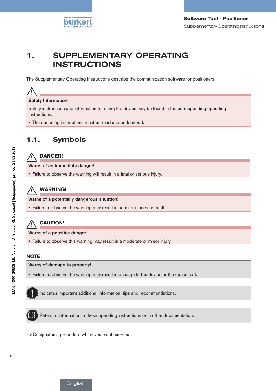 Supplementary operating instructions, Symbols | Burkert Type 8791 User Manual | Page 6 / 154