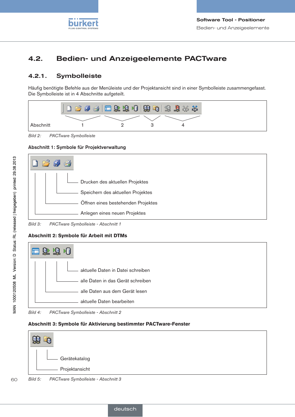 Bedien- und anzeigeelemente pactware, Symbolleiste | Burkert Type 8791 User Manual | Page 60 / 154