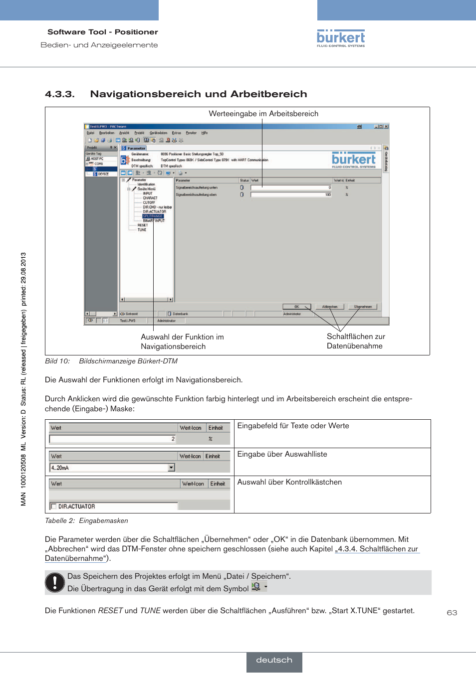 Navigationsbereich und arbeitbereich | Burkert Type 8791 User Manual | Page 63 / 154