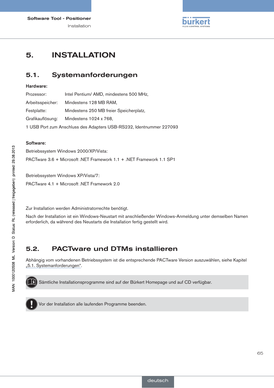 Installation, Systemanforderungen, Pactware und dtms installieren | Burkert Type 8791 User Manual | Page 65 / 154