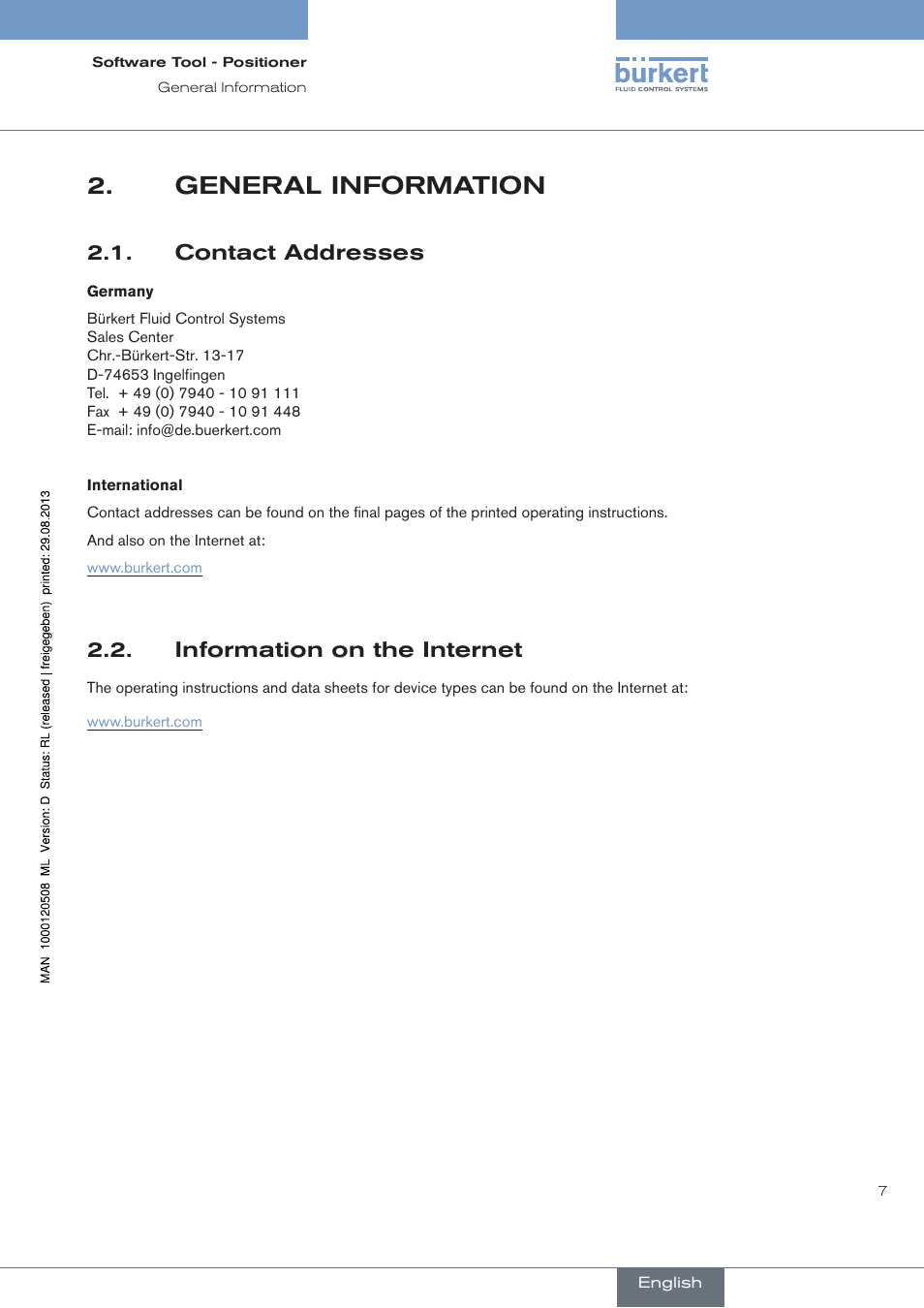 General information, Contact addresses, Information on the internet | Burkert Type 8791 User Manual | Page 7 / 154