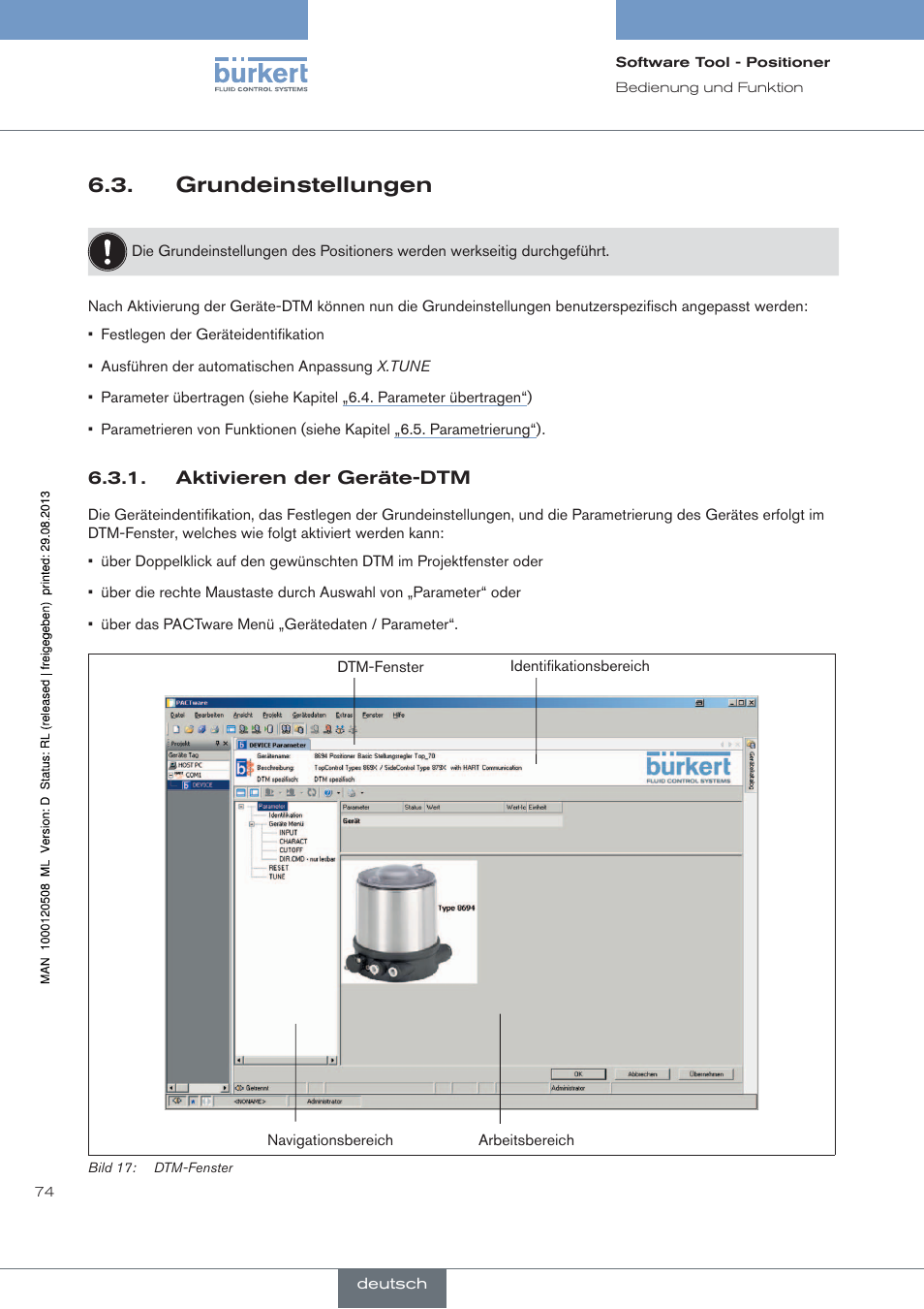 Grundeinstellungen, Aktivieren der geräte-dtm | Burkert Type 8791 User Manual | Page 74 / 154