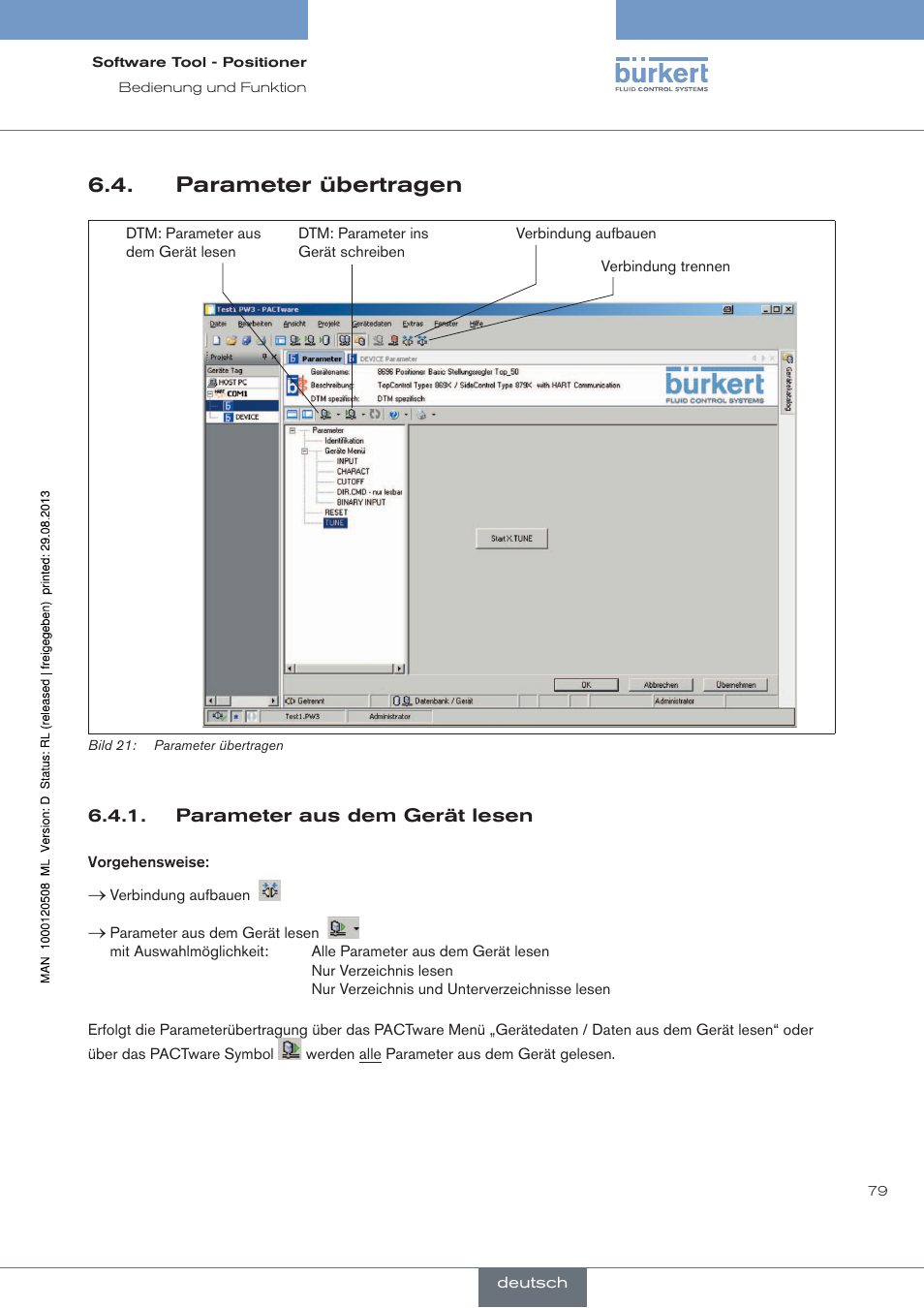 Parameter übertragen, Parameter aus dem gerät lesen | Burkert Type 8791 User Manual | Page 79 / 154