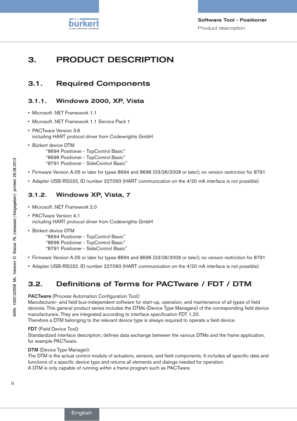 Product description, Required components, Windows 2000, xp, vista | Windows xp, vista, 7, Definitions of terms for pactware / fdt / dtm | Burkert Type 8791 User Manual | Page 8 / 154