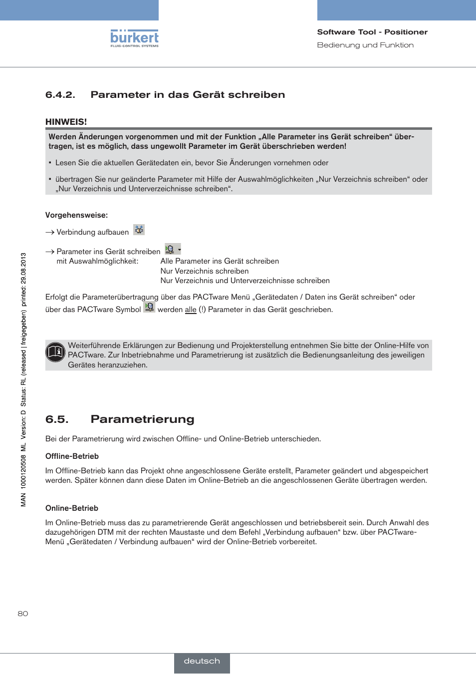 Parameter in das gerät schreiben, Parametrierung | Burkert Type 8791 User Manual | Page 80 / 154