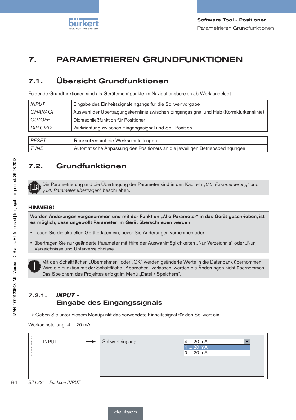 Parametrieren grundfunktionen, Übersicht grundfunktionen, Grundfunktionen | Input, Eingabe des eingangssignals | Burkert Type 8791 User Manual | Page 84 / 154