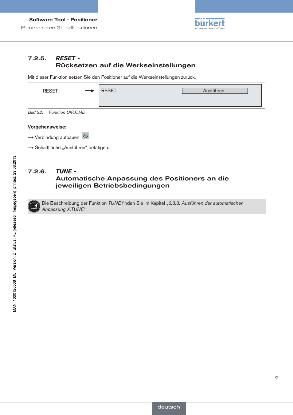 Reset, Rücksetzen auf die werkseinstellungen, Tune | Burkert Type 8791 User Manual | Page 91 / 154