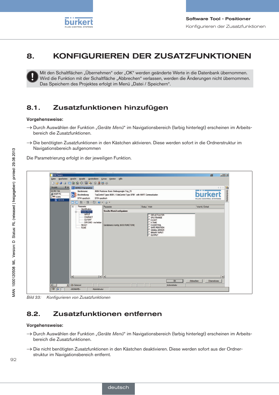 Konfigurieren der zusatzfunktionen, Zusatzfunktionen hinzufügen, Zusatzfunktionen entfernen | Burkert Type 8791 User Manual | Page 92 / 154