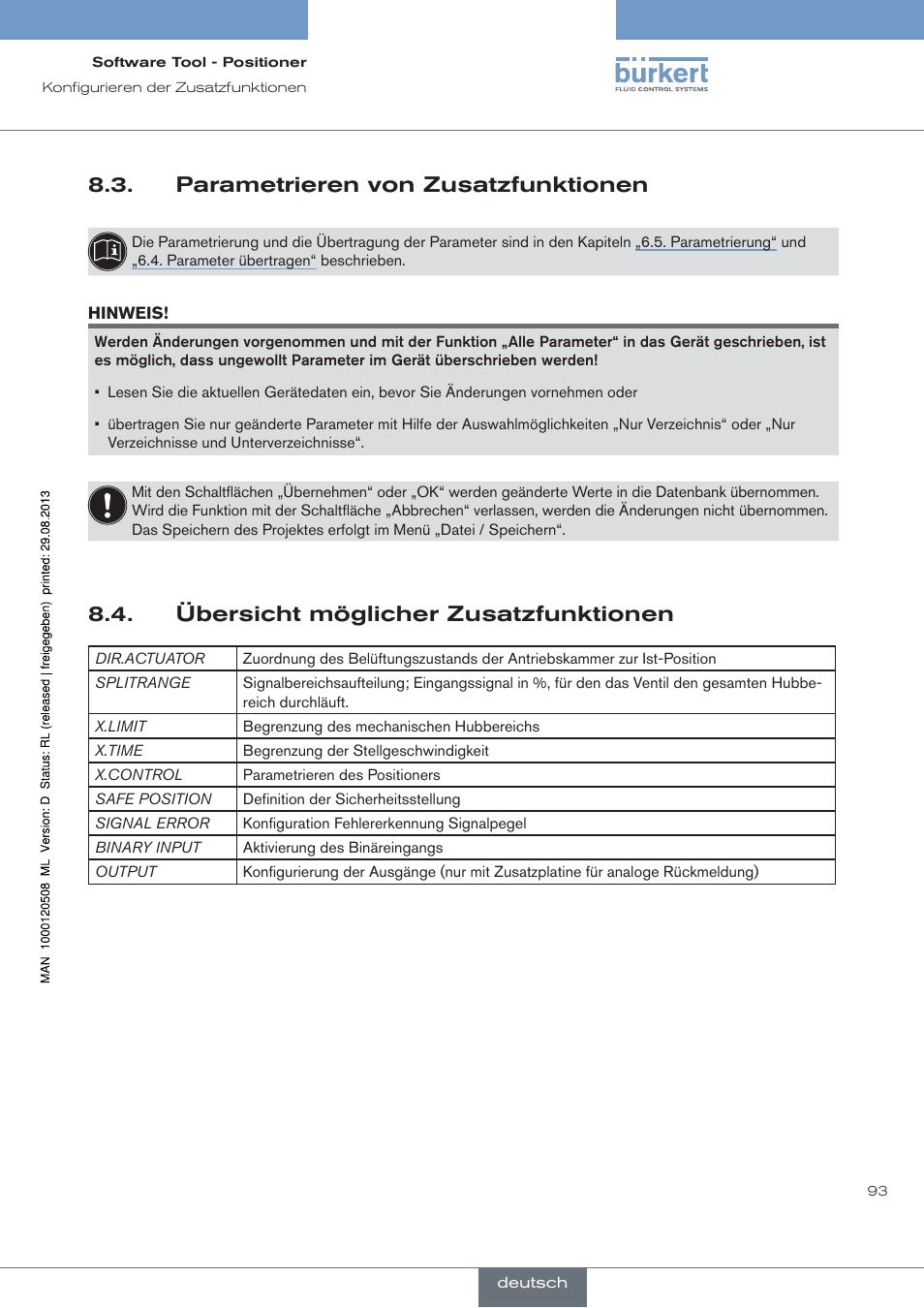 Parametrieren von zusatzfunktionen, Übersicht möglicher zusatzfunktionen | Burkert Type 8791 User Manual | Page 93 / 154