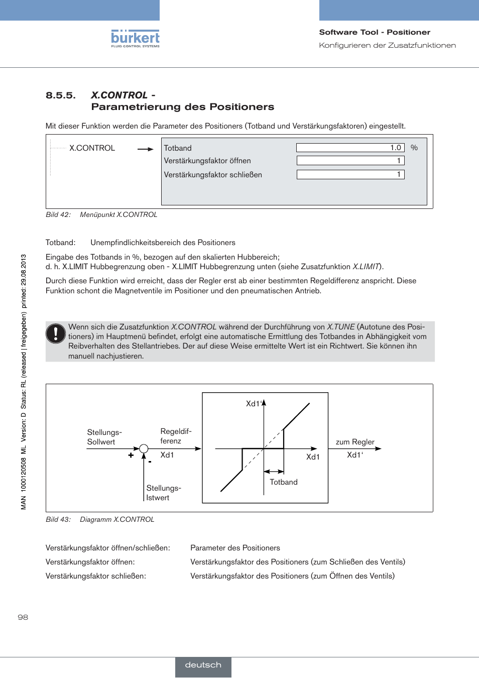 X.control, Parametrierung des positioners | Burkert Type 8791 User Manual | Page 98 / 154