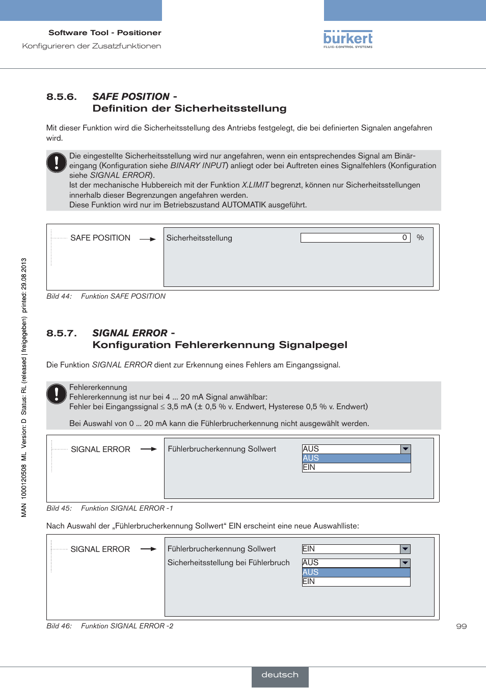 Safe.position, Definition der sicherheitsstellung, Signal.error | Konfiguration fehlererkennung signalpegel | Burkert Type 8791 User Manual | Page 99 / 154