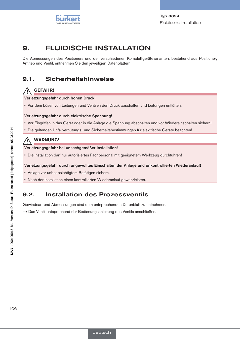 Fluidische installation, Sicherheitshinweise, Installation des prozessventils | Burkert Type 8694 User Manual | Page 106 / 196