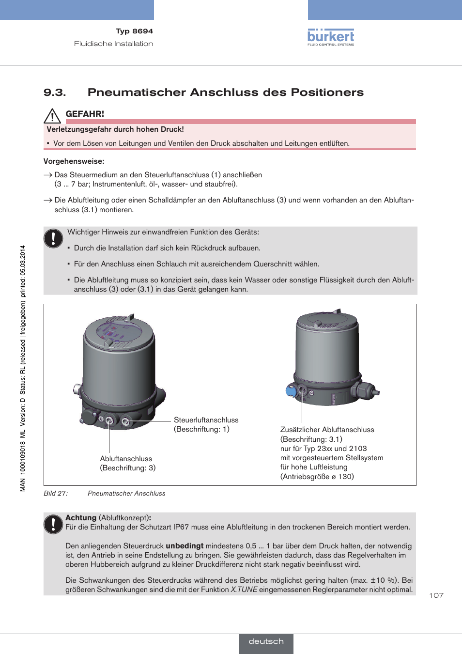 Pneumatischer anschluss des positioners | Burkert Type 8694 User Manual | Page 107 / 196