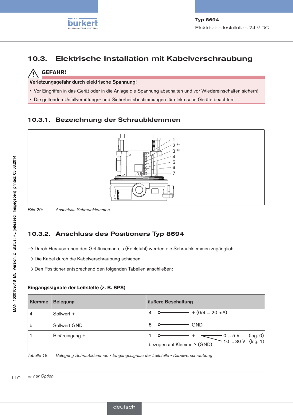 Elektrische installation mit kabelverschraubung, Bezeichnung der schraubklemmen, Anschluss des positioners typ 8694 | Burkert Type 8694 User Manual | Page 110 / 196