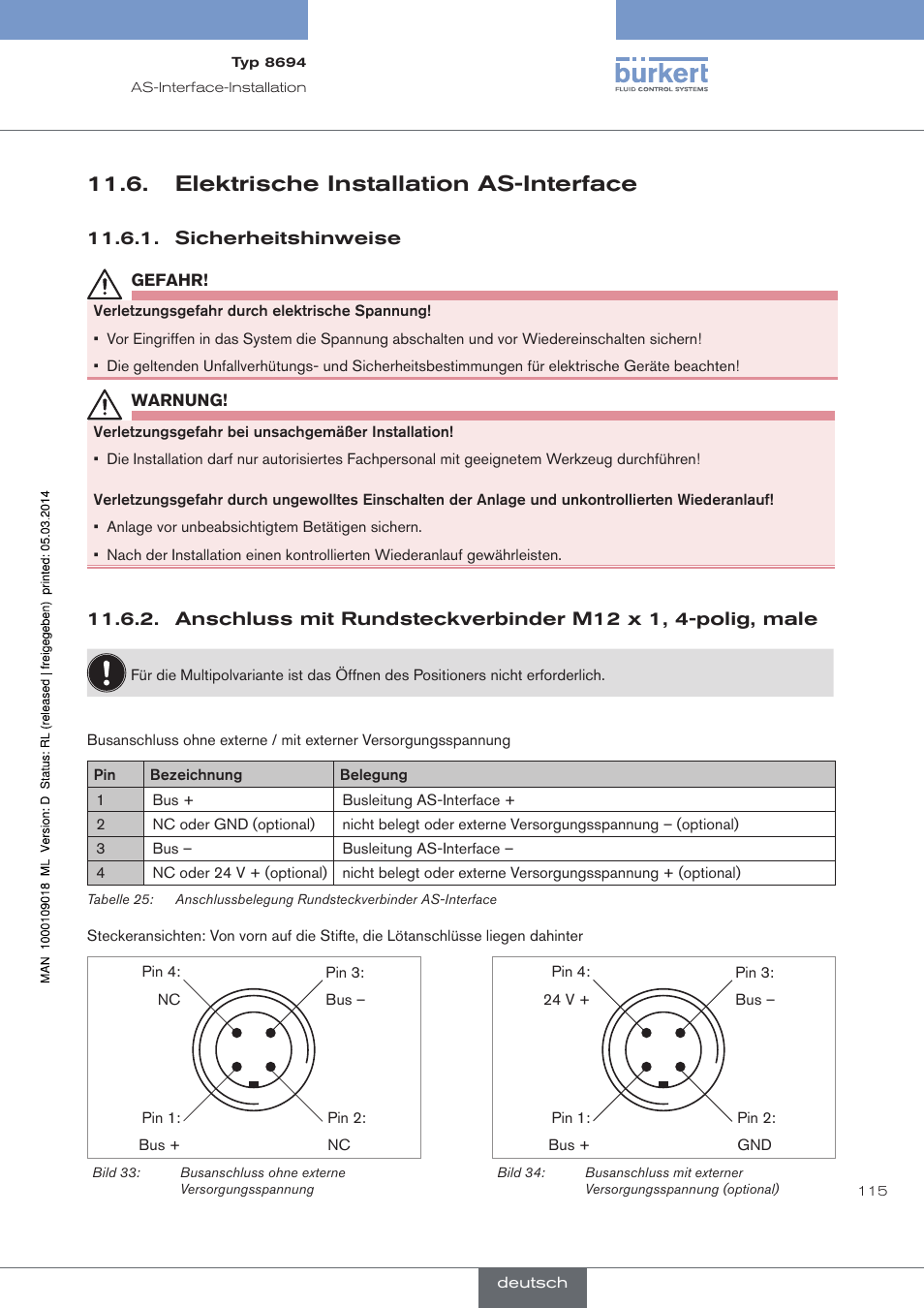 Elektrische installation as-interface, Sicherheitshinweise | Burkert Type 8694 User Manual | Page 115 / 196