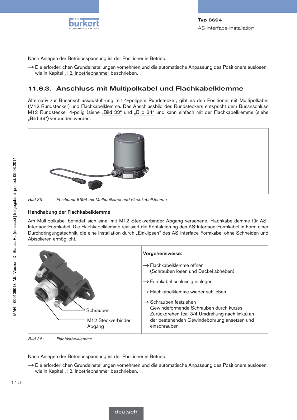 Anschluss mit multipolkabel und flachkabelklemme | Burkert Type 8694 User Manual | Page 116 / 196