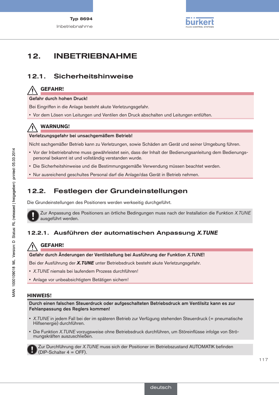 Inbetriebnahme, Sicherheitshinweise, Festlegen der grundeinstellungen | Ausführen der automatischen anpassung x.tune | Burkert Type 8694 User Manual | Page 117 / 196