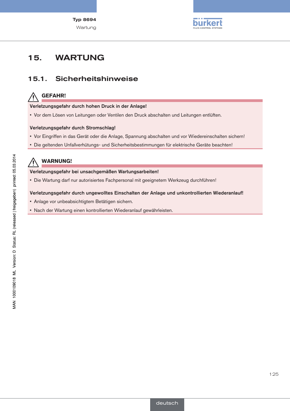 Wartung, Sicherheitshinweise | Burkert Type 8694 User Manual | Page 125 / 196