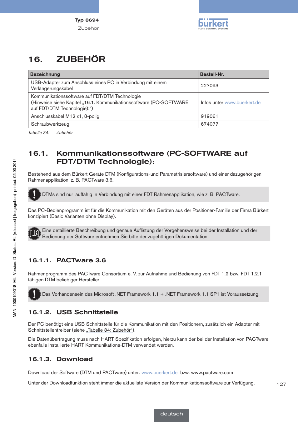 Zubehör, Pactware 3.6, Usb schnittstelle | Download | Burkert Type 8694 User Manual | Page 127 / 196