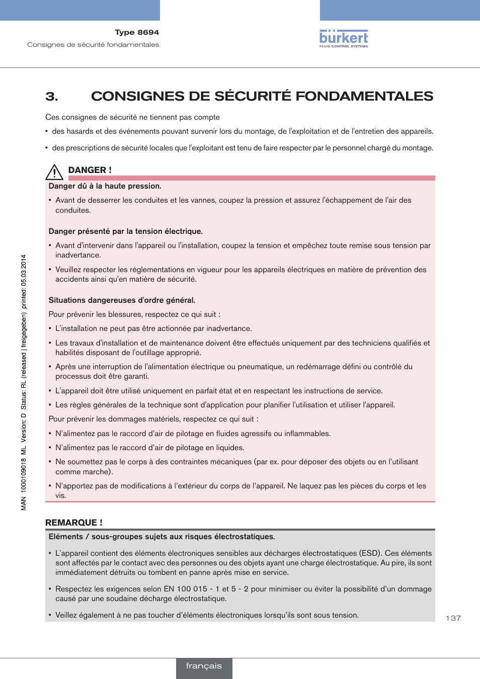 Consignes de sécurité fondamentales | Burkert Type 8694 User Manual | Page 137 / 196