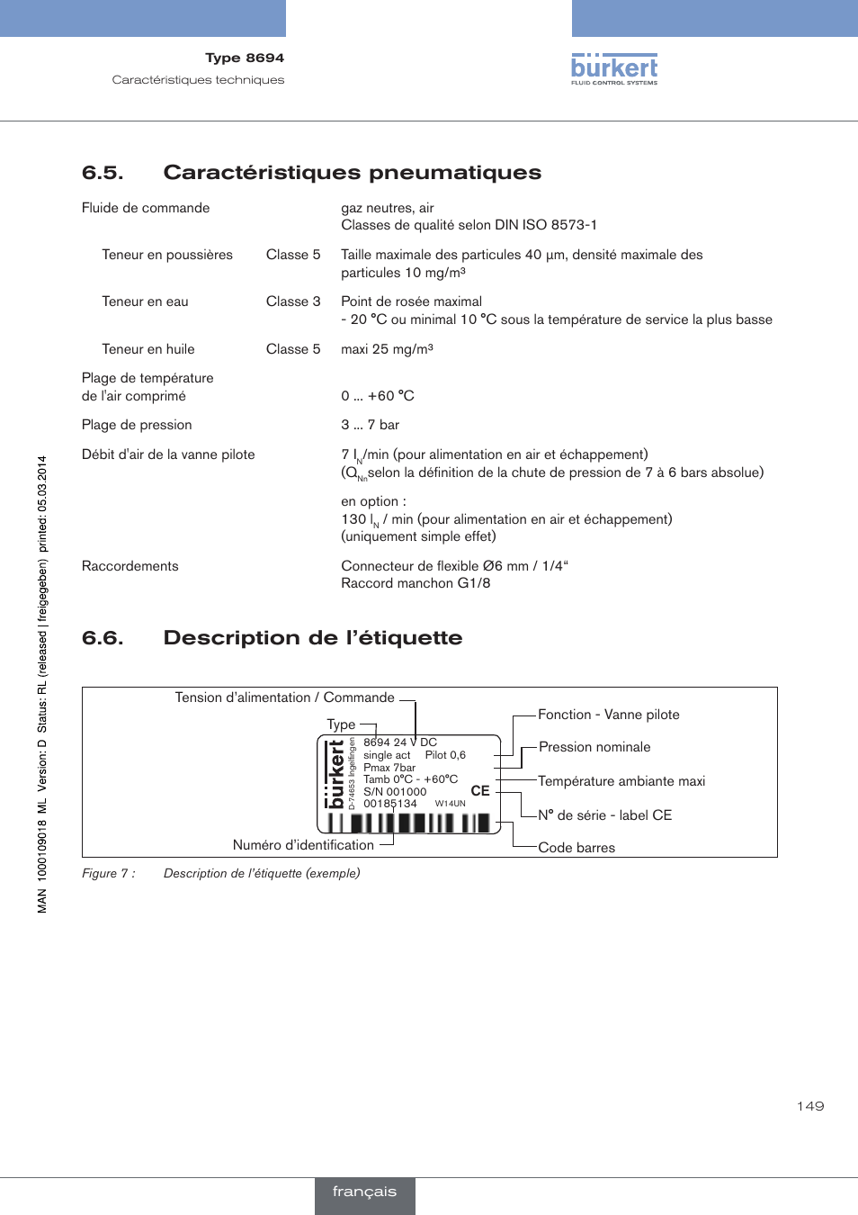 Caractéristiques pneumatiques, Description de l’étiquette | Burkert Type 8694 User Manual | Page 149 / 196