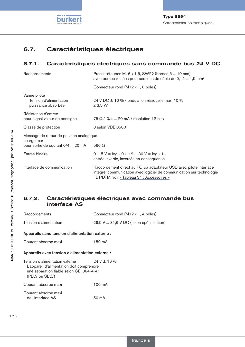 Caractéristiques électriques | Burkert Type 8694 User Manual | Page 150 / 196