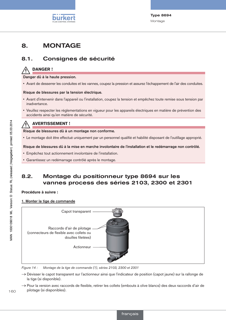 Montage, Consignes de sécurité, Des séries 2103, 2300 et 2301 | Burkert Type 8694 User Manual | Page 160 / 196
