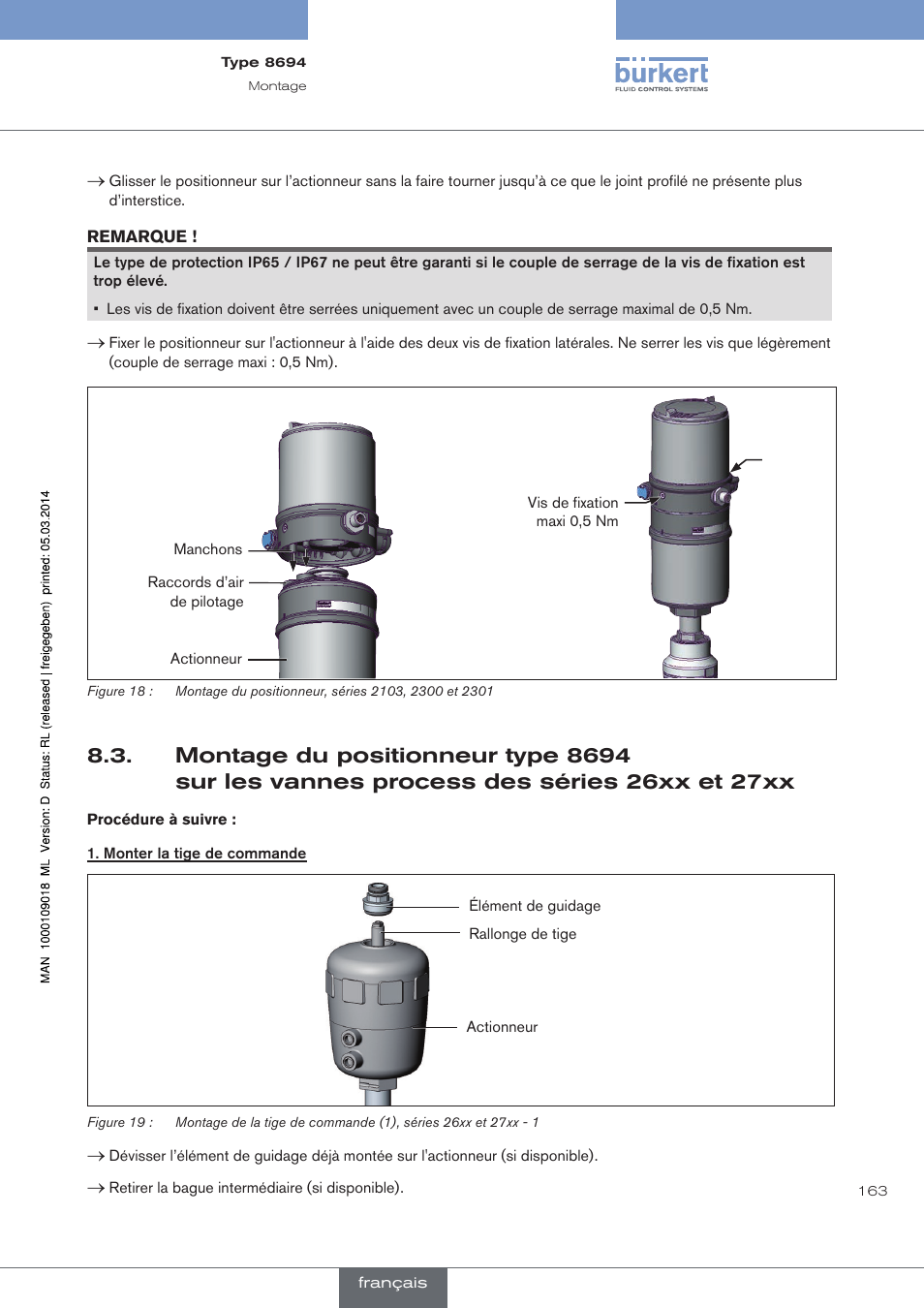 Montage du positionneur type 8694, Sur les vannes process des séries 26xx et 27xx | Burkert Type 8694 User Manual | Page 163 / 196