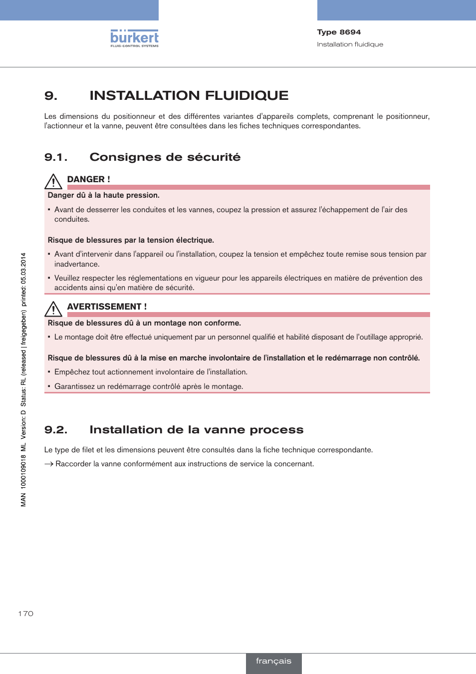 Installation fluidique, Consignes de sécurité, Installation de la vanne process | Burkert Type 8694 User Manual | Page 170 / 196