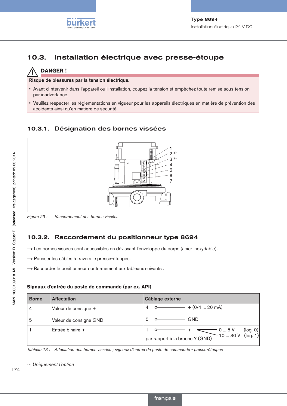 Installation électrique avec presse-étoupe, Désignation des bornes vissées, Raccordement du positionneur type 8694 | Burkert Type 8694 User Manual | Page 174 / 196