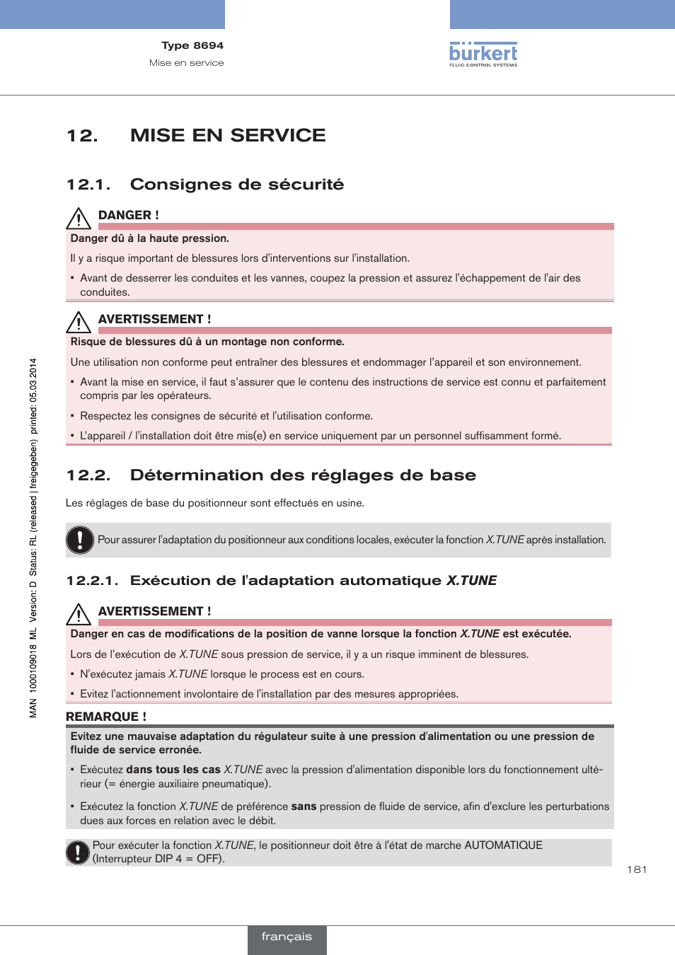 Mise en service, Consignes de sécurité, Détermination des réglages de base | Exécution de l'adaptation automatique x.tune | Burkert Type 8694 User Manual | Page 181 / 196