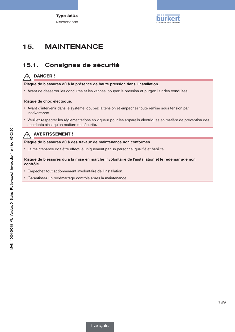 Maintenance, Consignes de sécurité | Burkert Type 8694 User Manual | Page 189 / 196