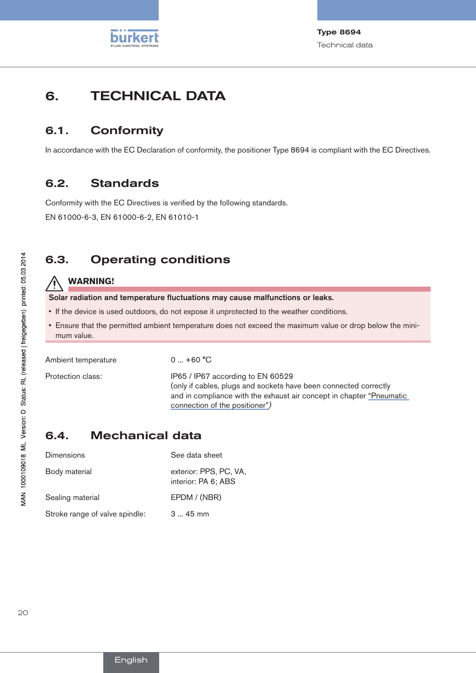 Technical data, Conformity, Standards | Operating conditions, Mechanical data | Burkert Type 8694 User Manual | Page 20 / 196