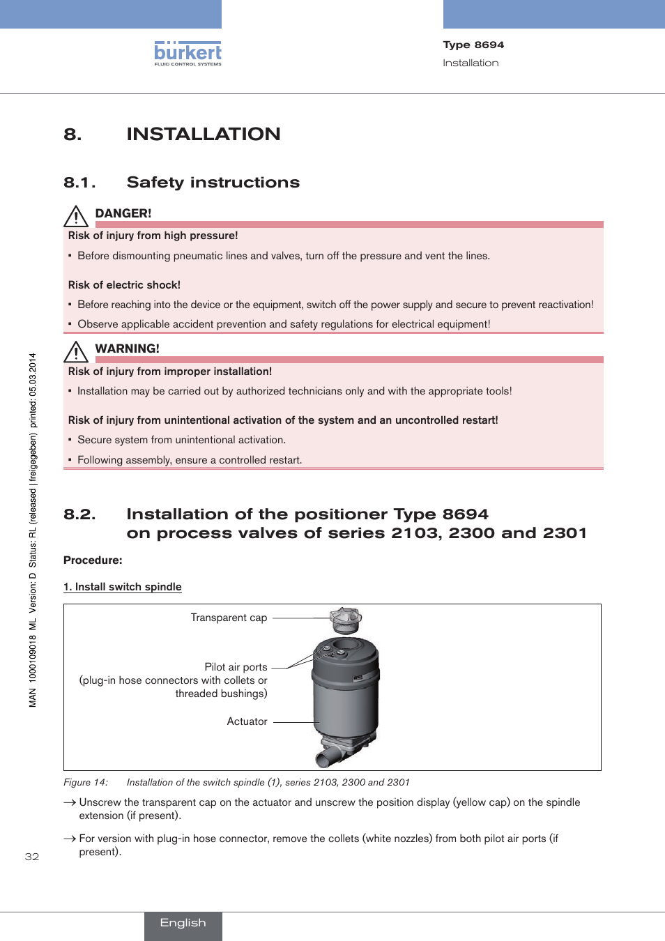 Installation, Safety instructions, Installation of the positioner type 8694 | On process valves of series 2103, 2300 and 2301 | Burkert Type 8694 User Manual | Page 32 / 196