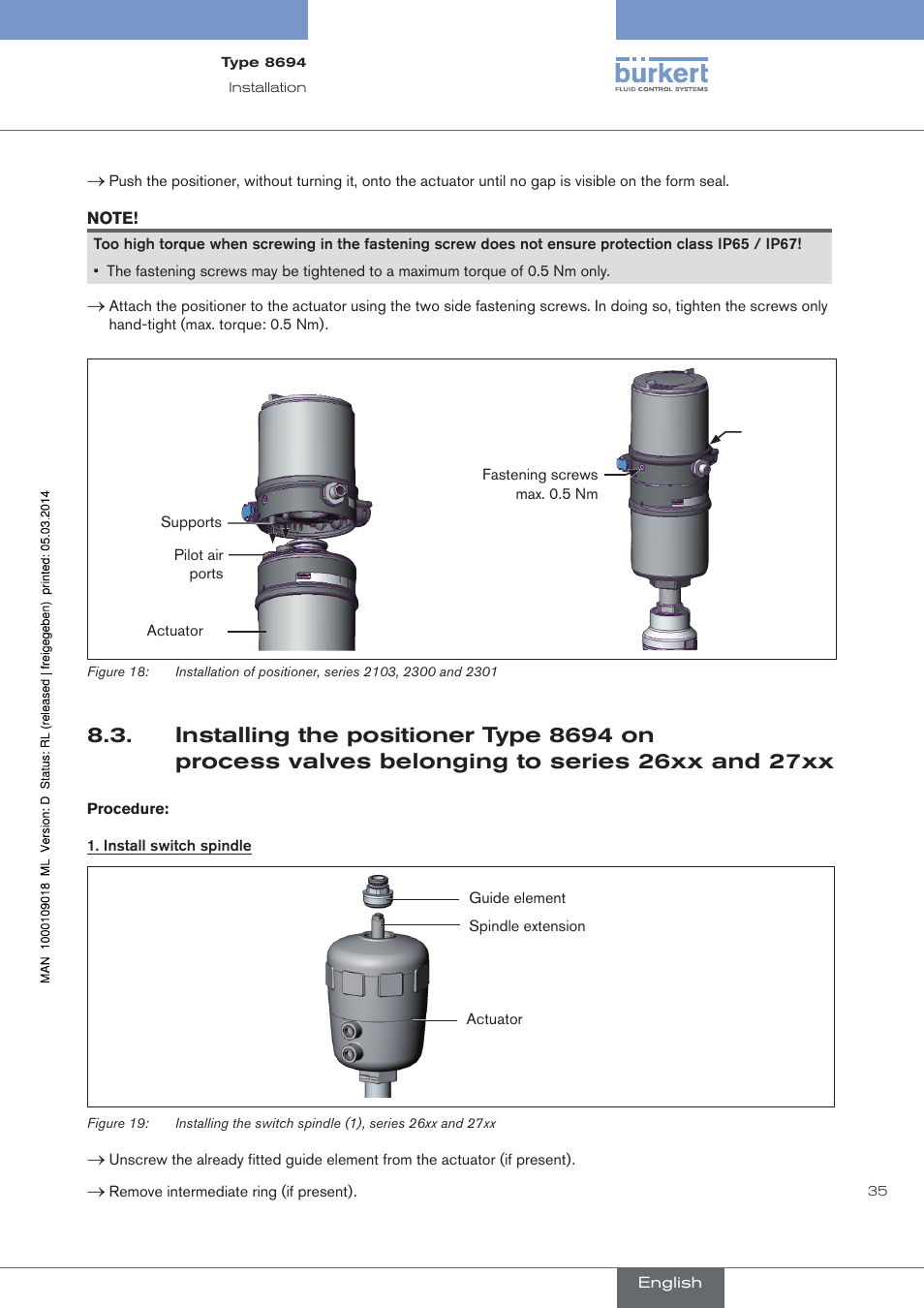 Installing the positioner type 8694 on, Process valves belonging to series 26xx and 27xx | Burkert Type 8694 User Manual | Page 35 / 196