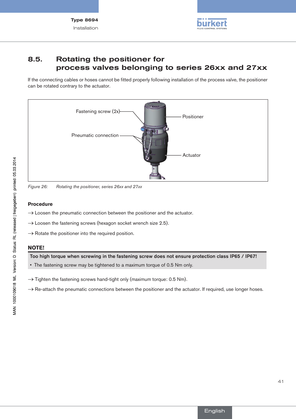 Rotating the positioner for, Process valves belonging to series 26xx and 27xx | Burkert Type 8694 User Manual | Page 41 / 196