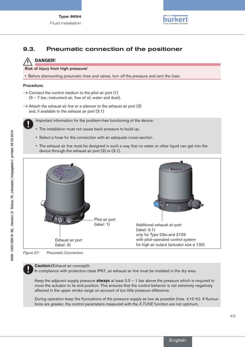 Pneumatic connection of the positioner | Burkert Type 8694 User Manual | Page 43 / 196