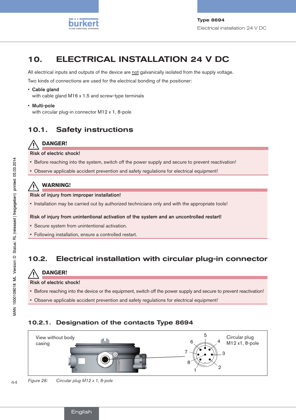 Electrical installation 24 v dc, Safety instructions, Designation of the contacts type 8694 | Burkert Type 8694 User Manual | Page 44 / 196