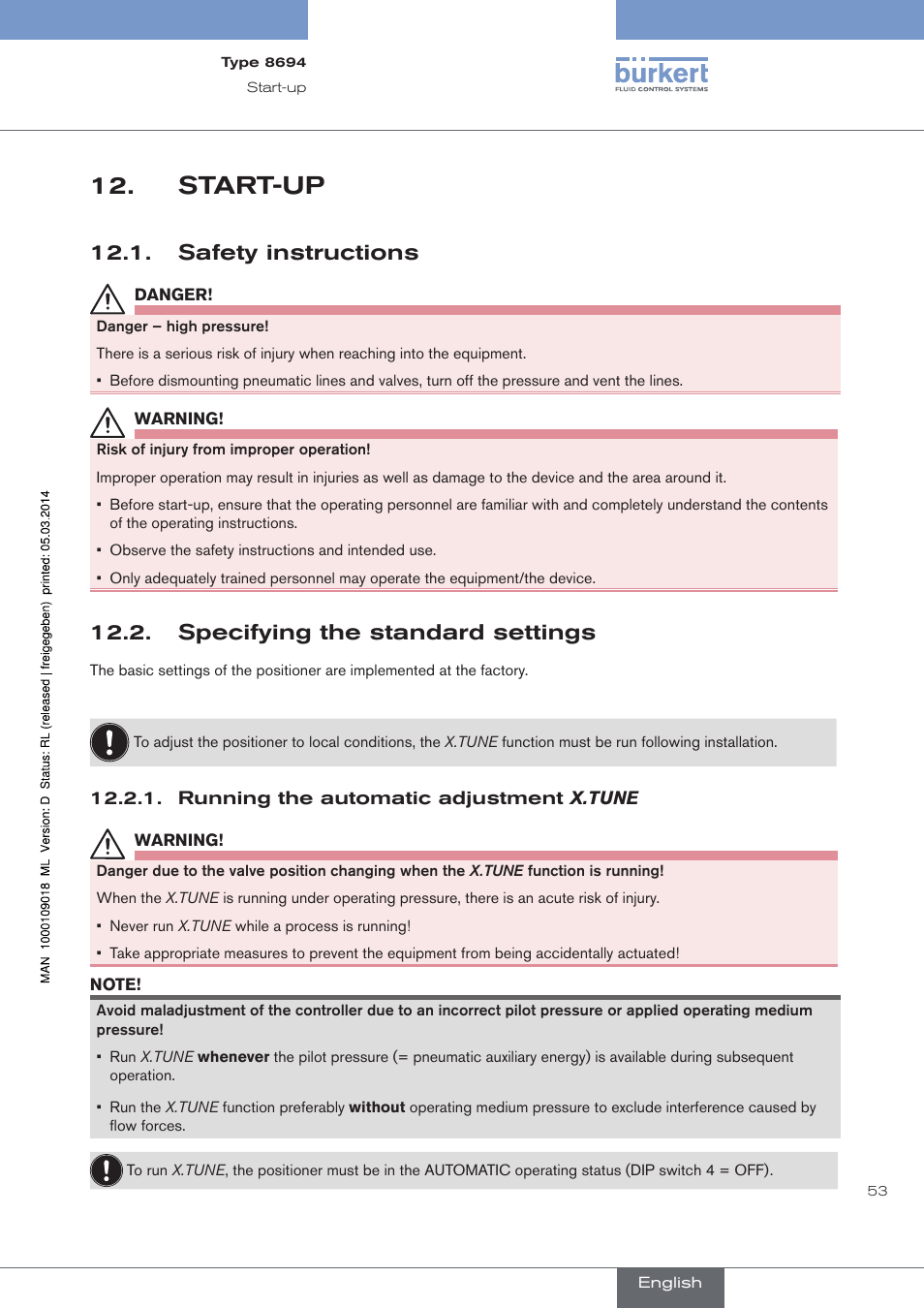 Start-up, Safety instructions, Specifying the standard settings | Running the automatic adjustment x.tune | Burkert Type 8694 User Manual | Page 53 / 196