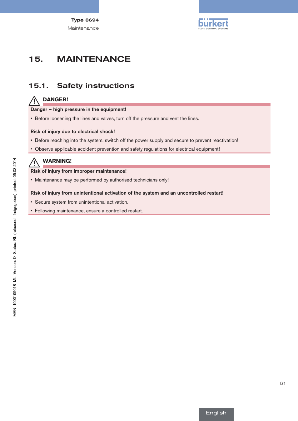 Maintenance, Safety instructions | Burkert Type 8694 User Manual | Page 61 / 196