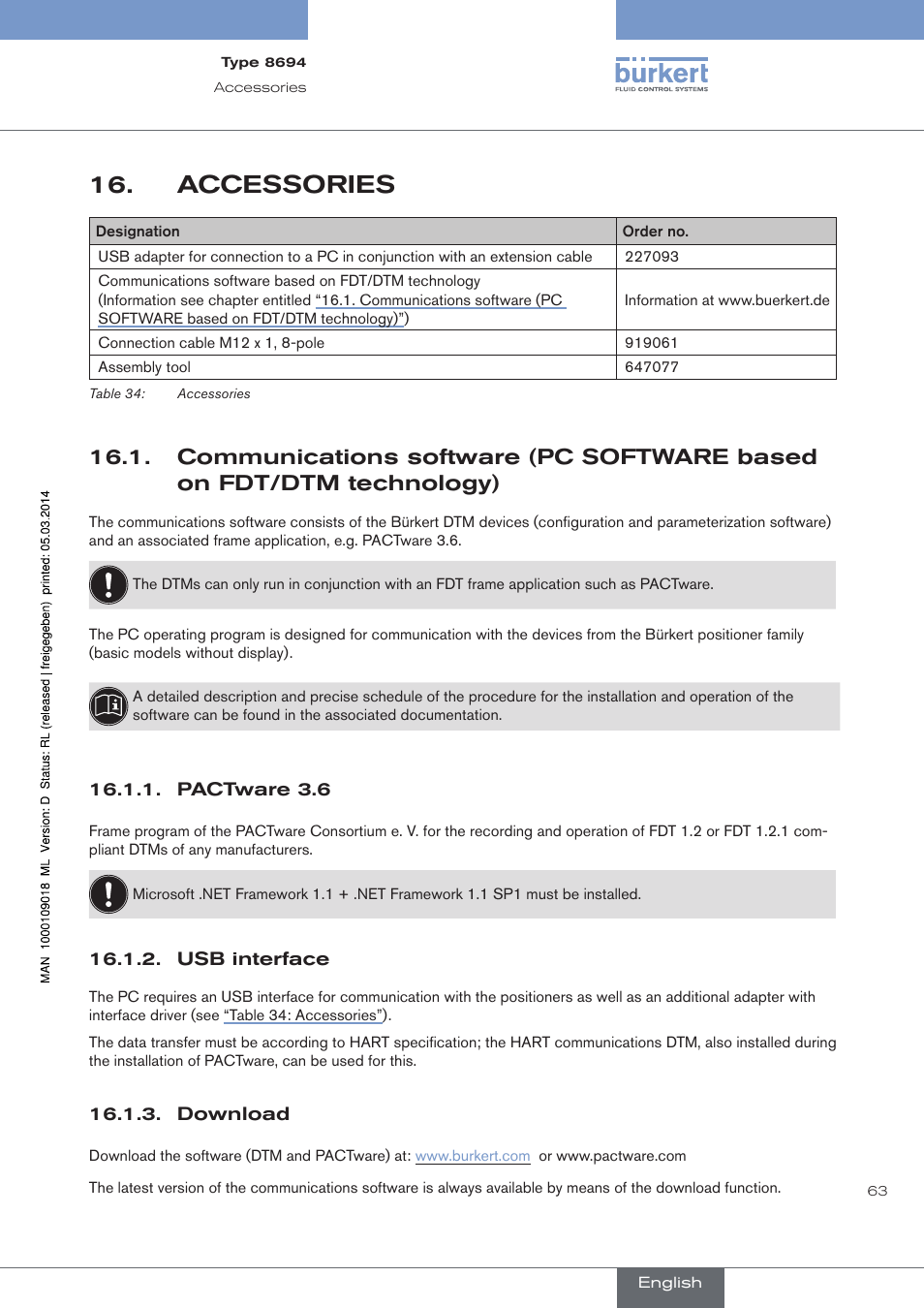 Accessories, Pactware 3.6, Usb interface | Download | Burkert Type 8694 User Manual | Page 63 / 196