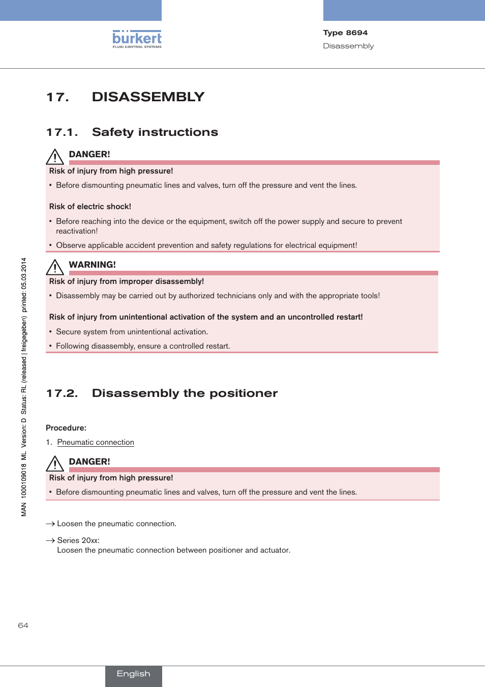 Disassembly, Safety instructions, Disassembly the positioner | Burkert Type 8694 User Manual | Page 64 / 196