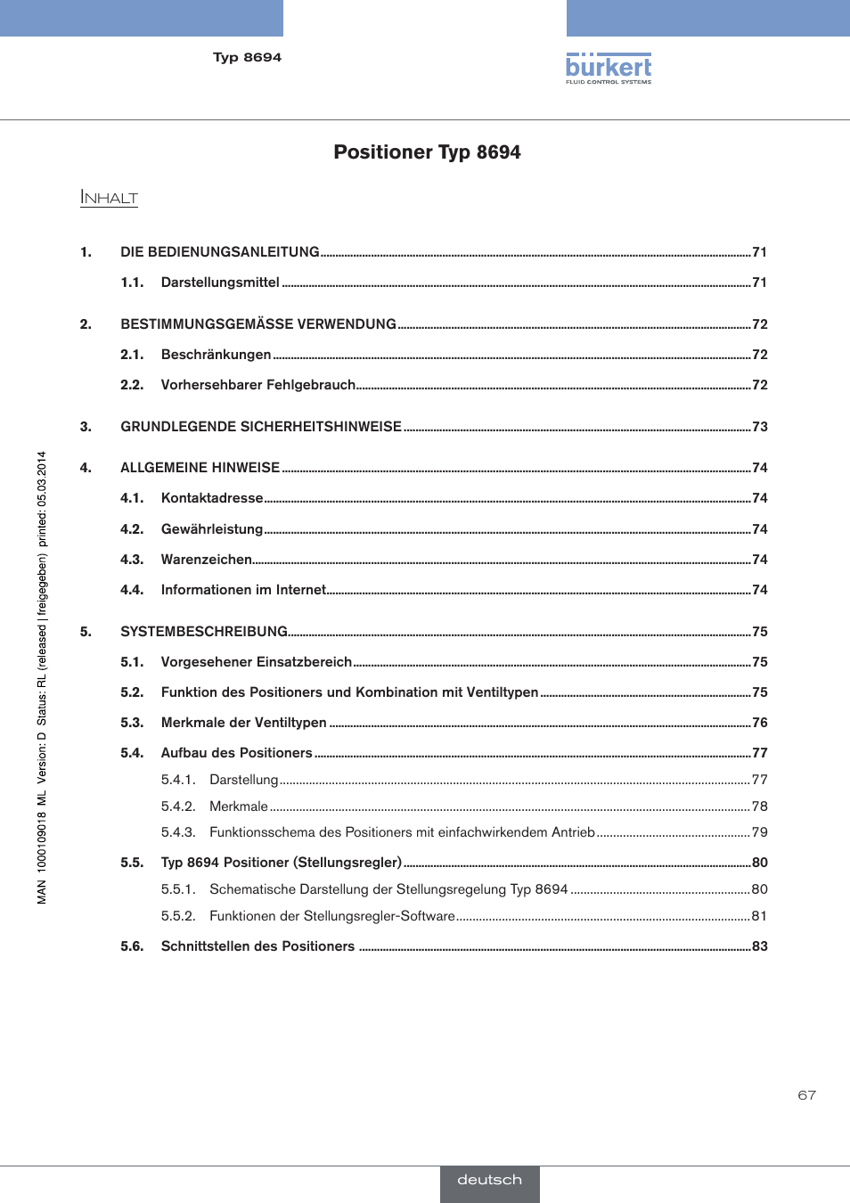 Deutsch, Positioner typ 8694 | Burkert Type 8694 User Manual | Page 67 / 196
