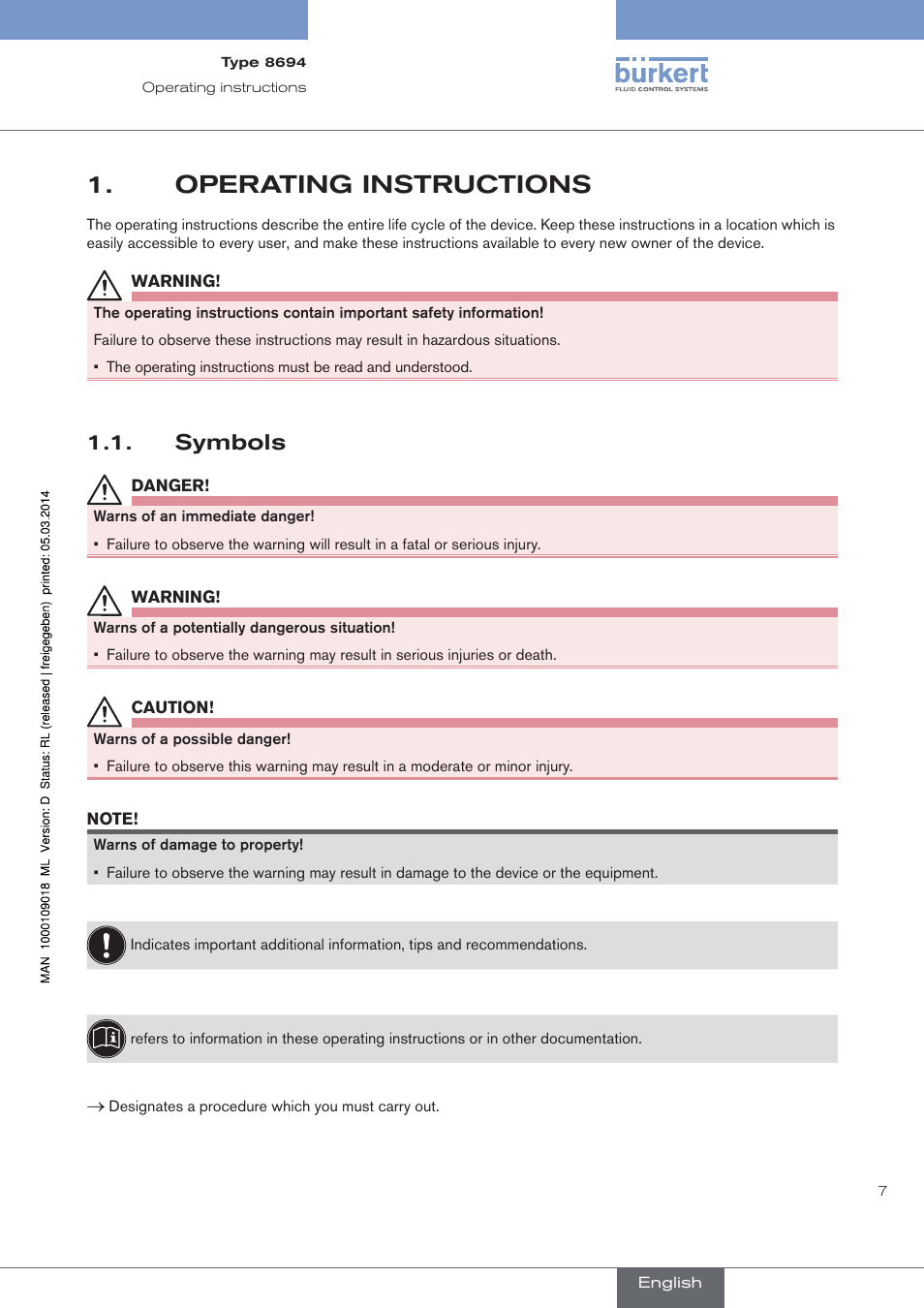 Operating instructions, Symbols | Burkert Type 8694 User Manual | Page 7 / 196