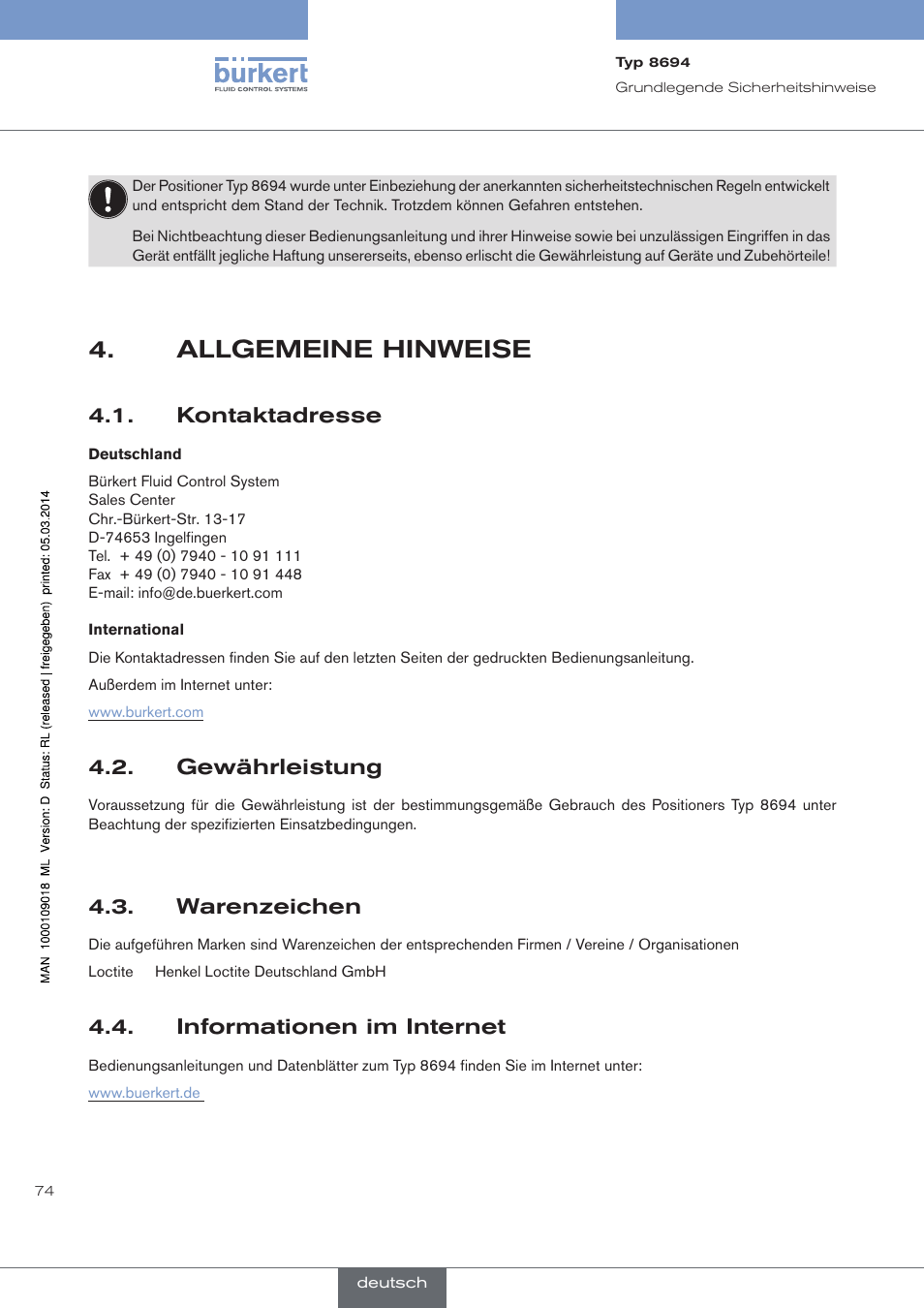 Allgemeine hinweise, Kontaktadresse, Gewährleistung | Warenzeichen, Informationen im internet | Burkert Type 8694 User Manual | Page 74 / 196