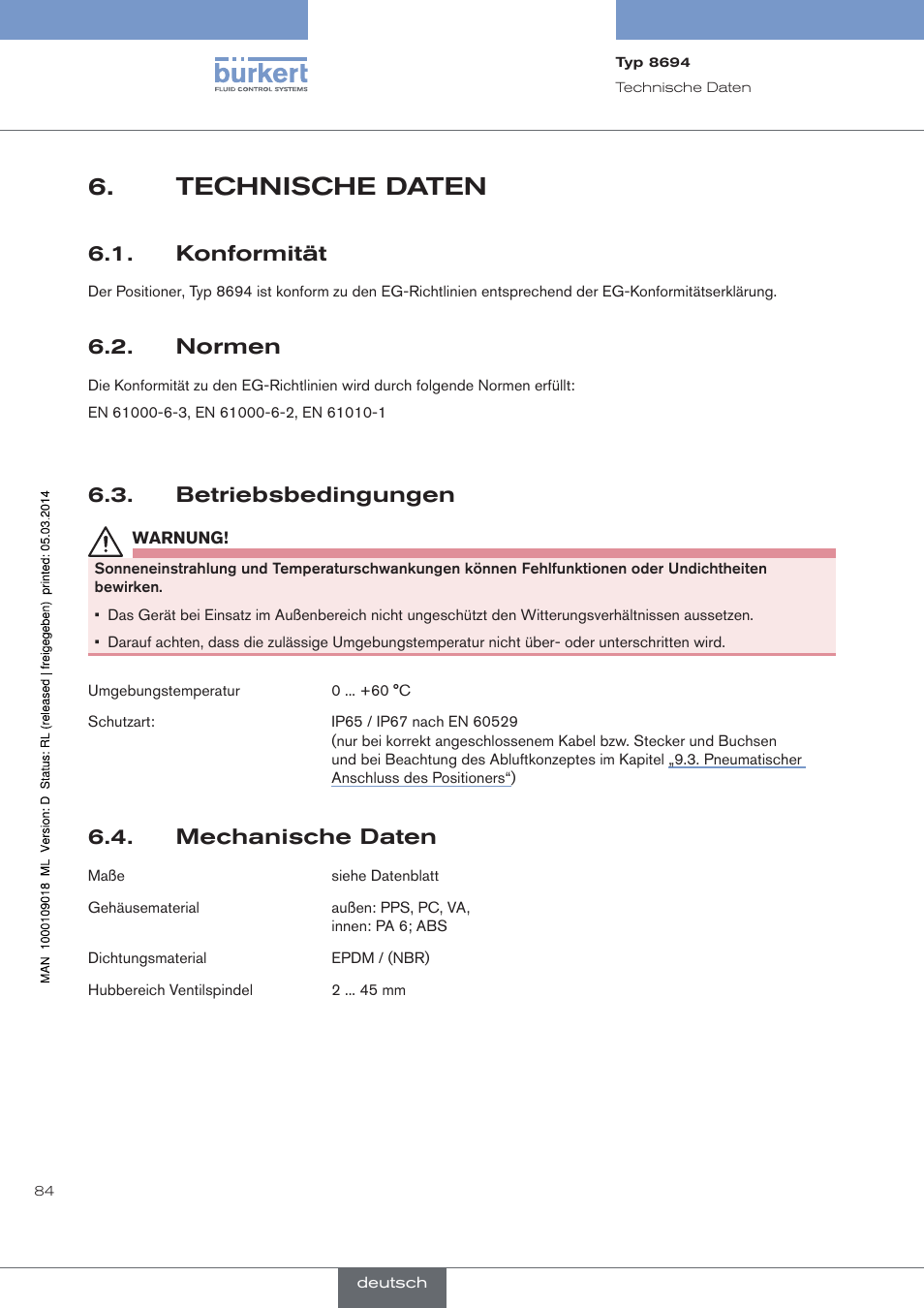 Technische daten, Konformität, Normen | Betriebsbedingungen, Mechanische daten | Burkert Type 8694 User Manual | Page 84 / 196