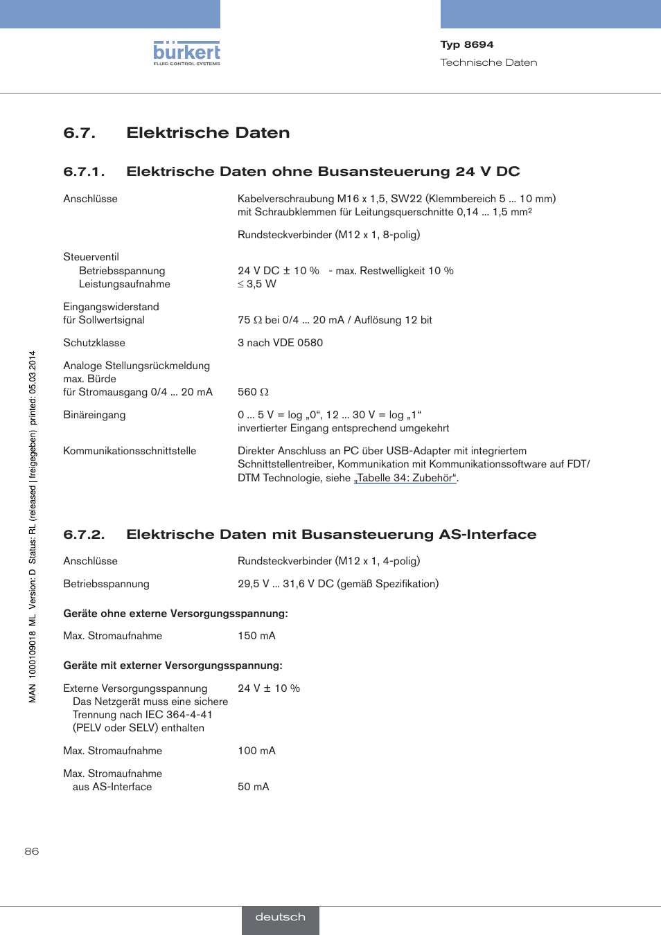 Elektrische daten, Elektrische daten ohne busansteuerung 24 v dc, Elektrische daten mit busansteuerung as-interface | Burkert Type 8694 User Manual | Page 86 / 196